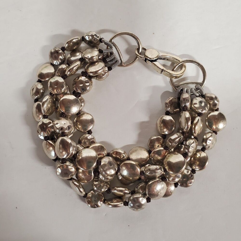 Lucky Brand Vtg Silver Tone Pebbled 5 Beaded Strand Chunky Bracelet